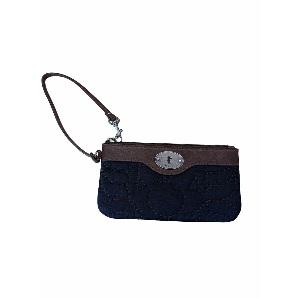 FOSSIL Women's Key Per Black Quilted Nylon Leather Zip Around Clutch Wallet